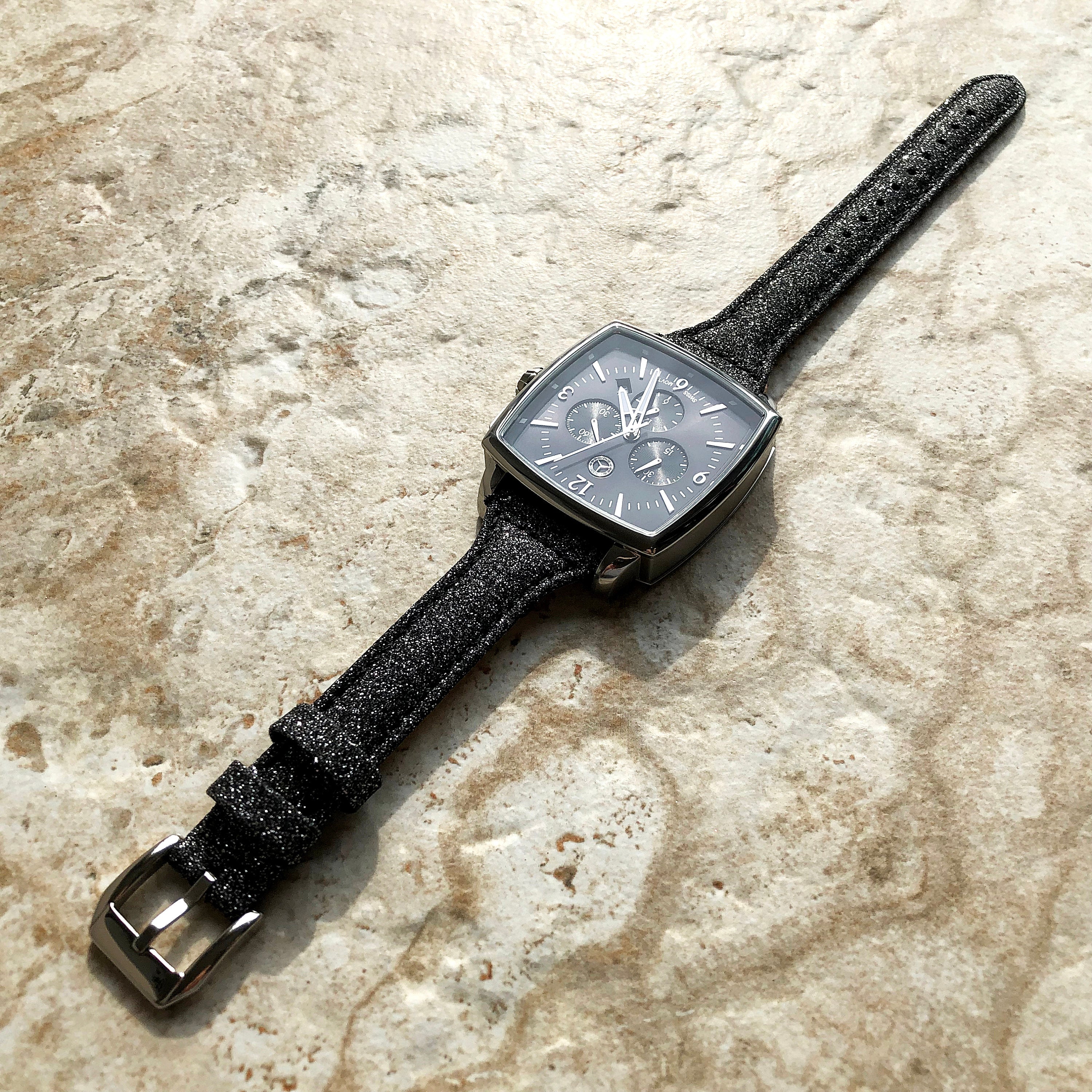 22mm Black Sparkling Glitter Slim and Elegant Soft Leather Watch Strap Band for Wrist Hand Watches Quick Release Pins - Ready to Attach